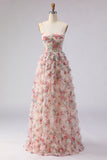 Light Pink Floral Corset A Line Ruffled Prom Dress