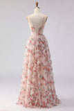 Light Pink Floral Corset A Line Ruffled Prom Dress
