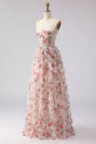Light Pink Floral Corset A Line Ruffled Prom Dress