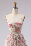 Light Pink Floral Corset A Line Ruffled Prom Dress
