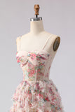 Light Pink Floral Corset A Line Ruffled Prom Dress