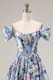 Off the Shoulder Blue Floral A Line Corset Prom Dress