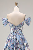 Off the Shoulder Blue Floral A Line Corset Prom Dress
