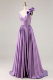 Purple 3D Flowers A Line Pleated Prom Dress