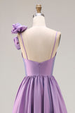 Purple 3D Flowers A Line Pleated Prom Dress