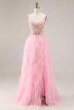 Sparkly Pink Corset Ruffled Beaded Prom Dress