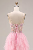 Sparkly Pink Corset Ruffled Beaded Prom Dress