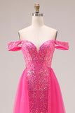Sparkly Off the Shoulder Appliqued Fuchsia Prom Dress