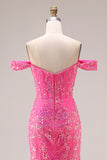 Sparkly Off the Shoulder Appliqued Fuchsia Prom Dress