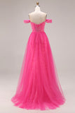Sparkly Off the Shoulder Appliqued Fuchsia Prom Dress