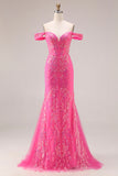 Sparkly Off the Shoulder Appliqued Fuchsia Prom Dress