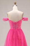 Sparkly Off the Shoulder Appliqued Fuchsia Prom Dress