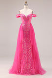 Sparkly Off the Shoulder Appliqued Fuchsia Prom Dress