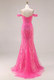Sparkly Off the Shoulder Appliqued Fuchsia Prom Dress