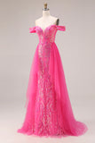 Sparkly Off the Shoulder Appliqued Fuchsia Prom Dress