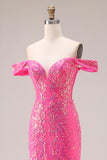 Sparkly Off the Shoulder Appliqued Fuchsia Prom Dress