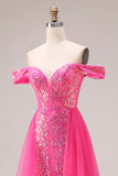 Sparkly Off the Shoulder Appliqued Fuchsia Prom Dress