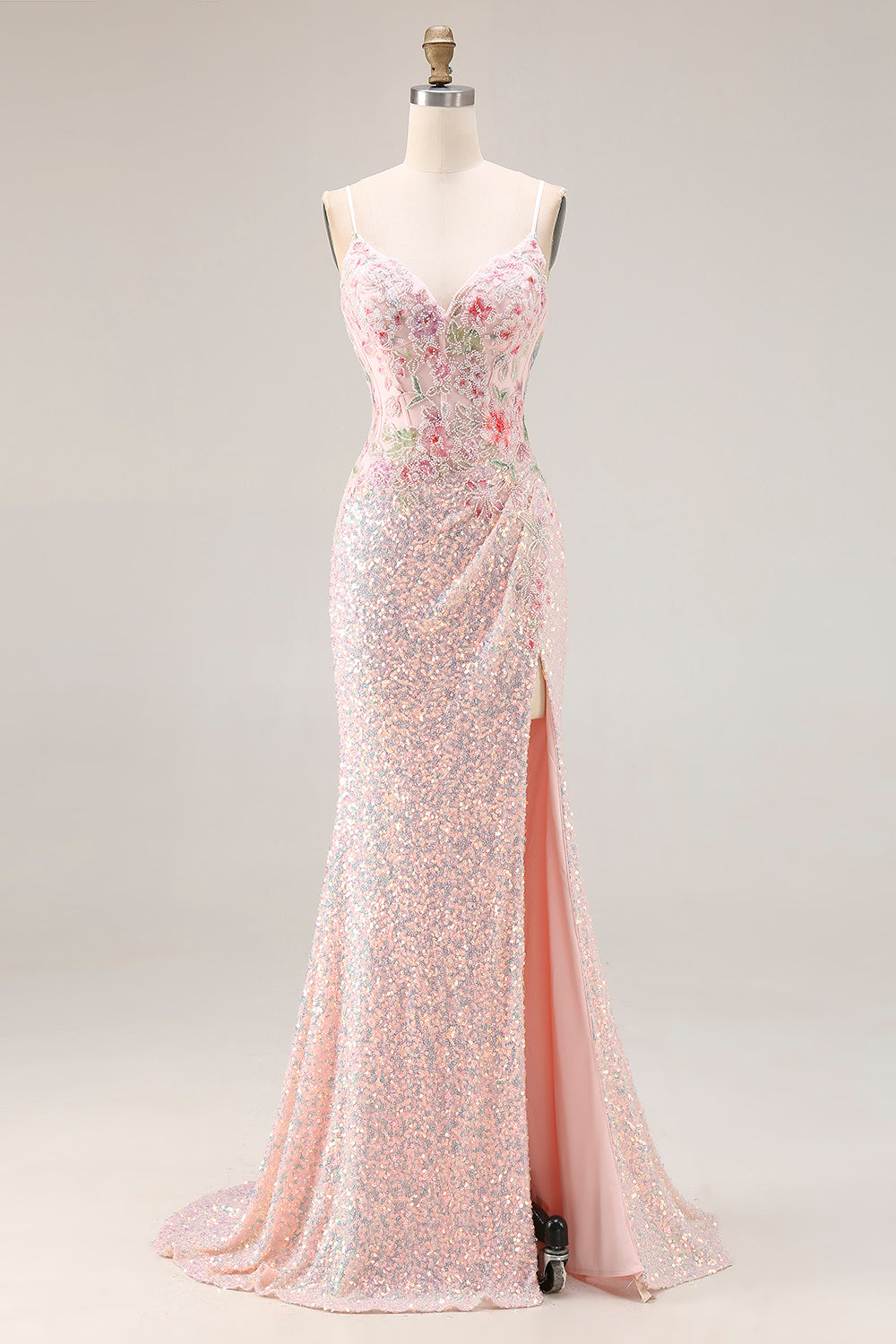 Berylove Women Sparkly Pink Prom Dress Beaded Mermaid Corset Appliqued Spaghetti Straps Maxi Party Dress with Slit Berylove Women Sparkly Pink Prom Dress Beaded Mermaid Corset Appliqued Spaghetti Straps Maxi Party Dress with Slit
