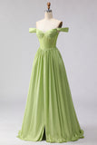 Green Off the Shoulder Corset A Line Prom Dress