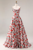 Basque Waist Pink Red Floral Maxi Prom Dress
