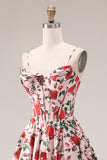 Basque Waist Pink Red Floral Maxi Prom Dress