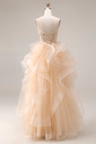 Strapless Corset Ruffled Ball Gown Champagne Prom Dress