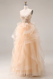 Strapless Corset Ruffled Ball Gown Champagne Prom Dress