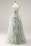 A Line Appliqued Corset Ruffled Dusty Green Prom Dress