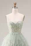 A Line Appliqued Corset Ruffled Dusty Green Prom Dress