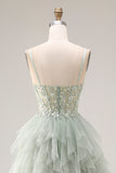 A Line Appliqued Corset Ruffled Dusty Green Prom Dress