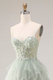 A Line Appliqued Corset Ruffled Dusty Green Prom Dress