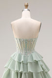 Strapless Corset Tiered Dusty Green Appliqued Prom Dress