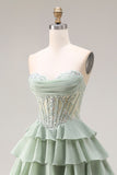 Strapless Corset Tiered Dusty Green Appliqued Prom Dress