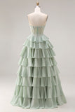 Strapless Corset Tiered Dusty Green Appliqued Prom Dress