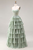 Strapless Corset Tiered Dusty Green Appliqued Prom Dress