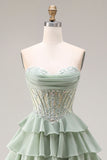 Strapless Corset Tiered Dusty Green Appliqued Prom Dress