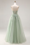 Strapless Corset A Line Dusty Green Appliqued Prom Dress