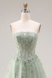 Strapless Corset A Line Dusty Green Appliqued Prom Dress