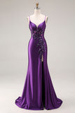 Mermaid Satin Sequin Beaded Corset Purple Prom Dress