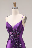 Mermaid Satin Sequin Beaded Corset Purple Prom Dress