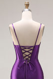 Mermaid Satin Sequin Beaded Corset Purple Prom Dress