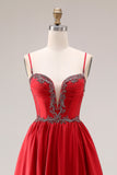 Sparkly Red A Line Pleated Maxi Prom Dress