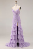 Purple Tiered Maxi Prom Dress with Appliques