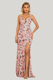 Sheath Flower Printed Blush A Line Maxi Dress with Slit