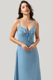 A Line Spaghetti Straps Ruffled Grey Blue Maxi Dress with Criss Cross Back