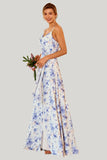 Blue Floral Print A Line Spaghetti Straps Maxi Dress with Slit