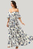 White Blue Flower A Line Off the Shoulder Long Maxi Dress