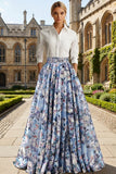 White and Blue Floral A Line Maxi Wedding Guest Dress