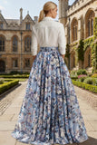 White and Blue Floral A Line Maxi Wedding Guest Dress