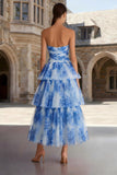 White Blue Floral Strapless Tiered Prom Dress with Ruffles